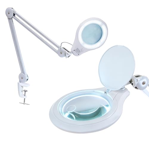 Neatfi LED Bifocal Magnifying Lamp 1,200 Lumens – 5” Glass Lens, Dual Magnification 3X/6X, Dimmable Task Light | Adjustable Arm with Clamp | Crafting, Jewelry & Reading (8 Diopter + 20 Diopter, White) - color: White, size: 8 Diopter + 20 Diopter