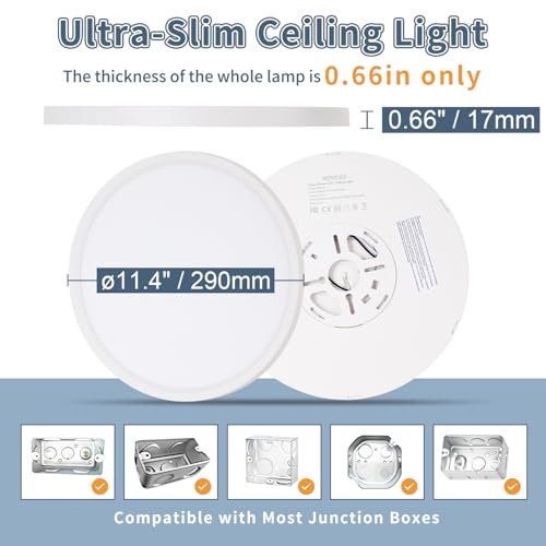 6 Pack 11.4 Inch LED Flush Mount Ceiling Light, ETL,24W, 2427LM | 3000K/3500K/4000K/5000K/6500K CCT Selectable, 0.66in Ultra Thin Round Flat Panel Ceiling Light Fixture for Bedroom, Kitchen - color: White, size: 11.4"-6pk