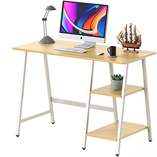 SHW 43-Inch Trestle Computer Desk with Open Storage Shelves, Oak | w/ Adjustable Glides - color: Oak