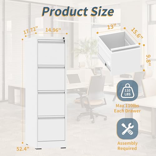 4 Drawer File Cabinet with Lock, Vertical Filing Cabinets for Home Office, Metal Storage Cabinets, Heavy Duty File Cabinet for Letter/Legal/A4/F4 Size Amsseble Required, White - color: White, size: 4 Drawers-Letter/Legal/A4/F4