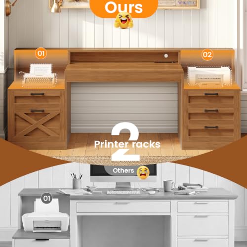 SEDETA 63" Farmhouse Computer Desk with 5 Drawers, Brown | Executive Office Desk with LED Lights & Monitor Stand, Wood Home Office Desk with 2 Printer Stand & Power Outlet - color: Brown, size: Executive Office Desk(63")