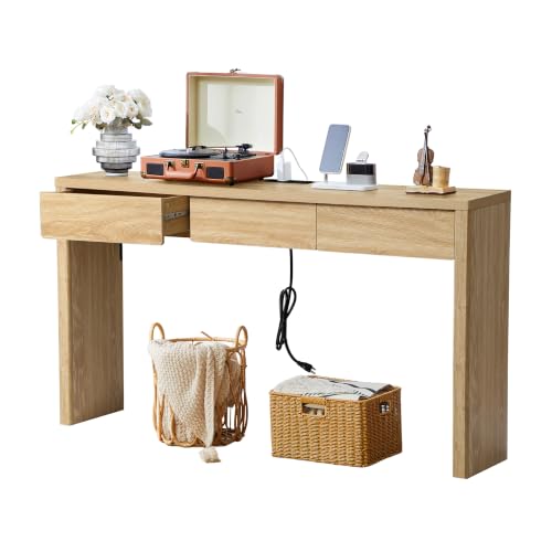 59 Inch Narrow Desk with 3 Drawers and Charging Station - Natural - color: Natural, size: 3 drawer