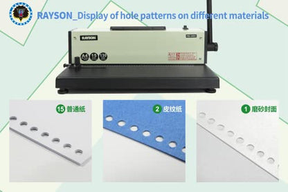 Rayson PD-1501 Coil Binding Machine with Inserter, 4:1 Pitch, 46 Holes | 46 round holes for A4-size sheets; electric coil inserter handles coils up to 7/8 inch for faster spiral binding.