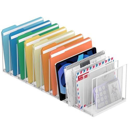 File Organizer For Desk, 11 Section Metal Desk File Sorter, White | Desk file organizer, connectable 11 section design, 2.17 in spacing, vertical folder storage for home office and classroom - color: White, size: 11 Section
