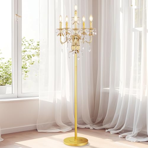 Wellmet Gold Crystal Floor Lamp, Tall Vintage Standing Living Room Lamp | 6 Lights Farmhouse Floor Lamp with ON/OFF Foot Switch, Elegant Candelabra Floor Lamp for Corner,Office,Reading Room,Bedroom - color: Gold