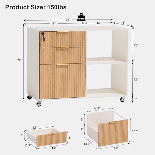 3 Drawer Fluted Mobile Filing Cabinet with Lock, Lateral Rolling Under Desk File Cabinet, Wooden Printer Stand Table for Home Office Essentials Storage Organization Furniture Letters/A4(Oak) - color: Oak-white