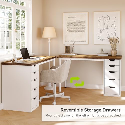 LITTLE TREE Computer Desk with 5 Drawers, 47 Inch Modern Simple Study Writing Desk with Metal Frame, Work Desk for Home Office, Rustic Brown and White - color: Rustic Brown and White
