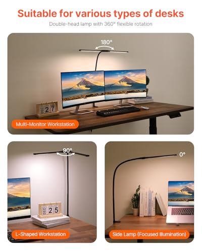 VEVOR LED Desk Lamp with Clamp, Double Head Architect Desk Lamp for Home Office, Eye-Caring Desk Light with 360° Adjustable Gooseneck, 50 Lighting Modes & Timer Function for Studying Working Drawing