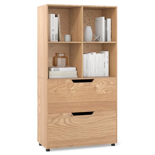 GIANTEX Bookshelf with 4 Cubes & 2 Drawers, 51” Tall Floor Bookcase with Anti-tip Kits, Freestanding Display Rack Storage Organizer for Study, Living Room, Home Office (1, Natural) - color: Natural
