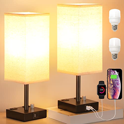 Bedside Table Lamps Set of 2 for Bedroom - Dimmable, USB C+A, 2 AC Outlets | Stepless Dimmable by Rotary Knob, 3000K LED Bulbs Included, Square Beige Linen Shade, Nightstand Lamp for Living Room, Desk - color: Beige