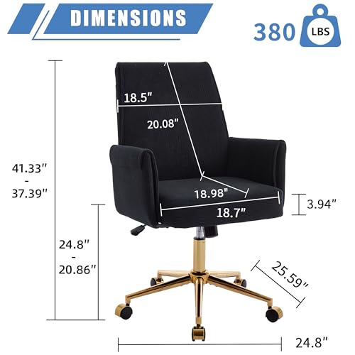 YITAI Stripes Velvet 360°Swivel Desk Chair, Modern Height Adjustable Home Office Armchair with Gold Base and Wheels for Vanity, Comfy Computer Chair for Study Living Room Bedroom（Black） - color: Black