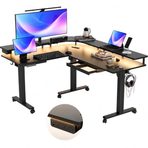 Claiks L Shaped Standing Desk with Drawers, 63 Inch, Black | 4 Memory Presets, LED Lights, Power Outlet, Monitor Stand, Corner Desk, Adjustable Height - color: Black