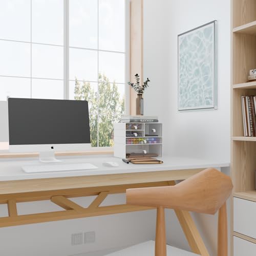White & Clear 5-Drawer Stackable Desk Organizer Storage Set | Separate drawers, Dustproof, Easy to clean, for Office supplies, Pens, Markers, Stationery, Jewelry, Makeup, DIY Craft - size: 5 drawer white & clear