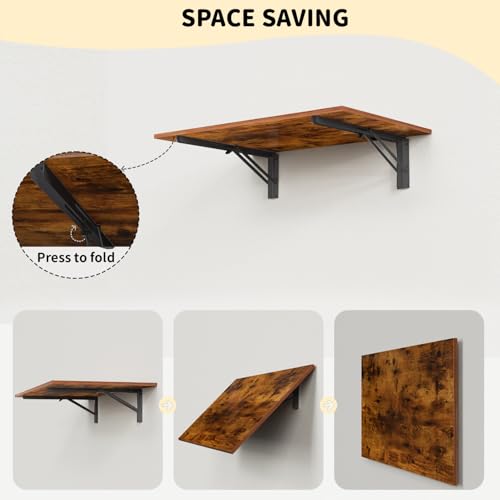GOYLSER Wall Mounted Folding Table Floating Desk for Dining, Laundry Room, Office, Fold Down Desk with Bracket - color: Rustic Brown, size: 35"x20.5"