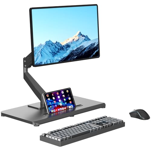Pholiten Adjustable Monitor Arm with Base for 17-32" Screen | Pneumatic VESA Computer Mount with Base, Freestanding Full Motion, Holds up to 22 lbs - style: single arm