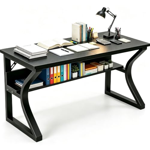 47'' Computer Desk Home Office Desk, Modern Computer Desk w/U Shaped Metal Frame, Storage Shelves, PC Table Study Writing Desk Workstation for Home Office (47inch/Carbon Fiber Black) - size: 47inch/Carbon Fiber Black