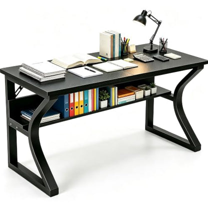 47'' Computer Desk Home Office Desk, Modern Computer Desk w/U Shaped Metal Frame, Storage Shelves, PC Table Study Writing Desk Workstation for Home Office (55inch/Carbon Fiber Black) - size: 55inch/Carbon Fiber Black