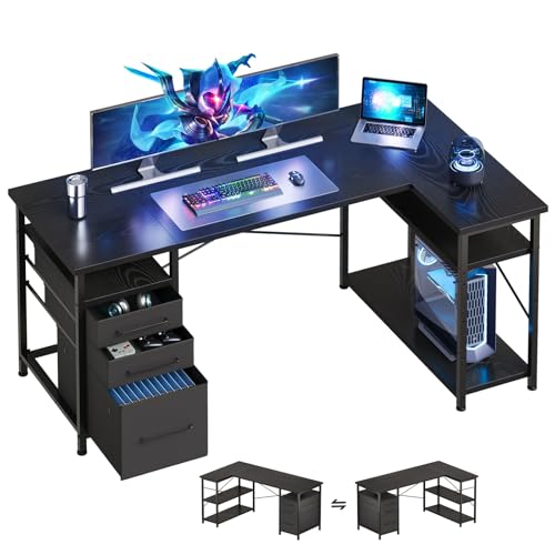 Maihail L Shaped Desk with Drawers, Office Desk Storage for Small Space, Black - color: Black, size: 55Inches