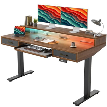 TIQLAB Standing Desk with Two Drawers, Stand Up Standing Desk Adjustable Height, Electric Sit Stand Table with Storage Shelf and Splice Board, with LED Light, 55 * 28 inch, Black Walnut - color: Black Walnut, size: 55*28 inch with keyboard tray