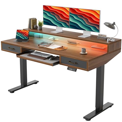 TIQLAB Standing Desk with Two Drawers, Stand Up Standing Desk Adjustable Height, Electric Sit Stand Table with Storage Shelf and Splice Board, with LED Light, 55 * 28 inch, Black Walnut - color: Black Walnut, size: 55*28 inch with keyboard tray