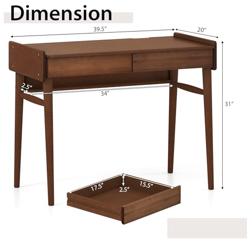 Tangkula Bamboo Mid Century Desk with 2 Storage Drawers, Home Office Study Writing Desk with Shelf & Cable Management Groove, Home Office Desk for Working & Learning (Brown) - color: Brown