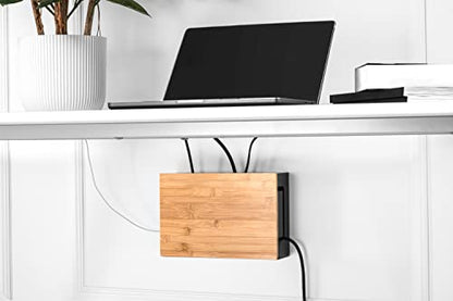 Cable Management Box Bamboo 12.6x7.9x4.3in, Black, Wall Mount Kit Included - color: Black