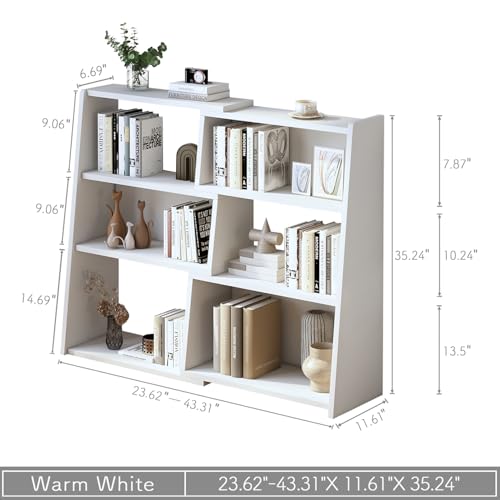 IOTXY Wooden Extendable Shelf Bookcase, 3-Tier Low Bookshelf, White, S | Adjustable Two-piece Design, 6 Open Cubbies, Extends 23.6"-43.3" for Straight Walls, Corners, and Small Spaces - color: White, size: Small