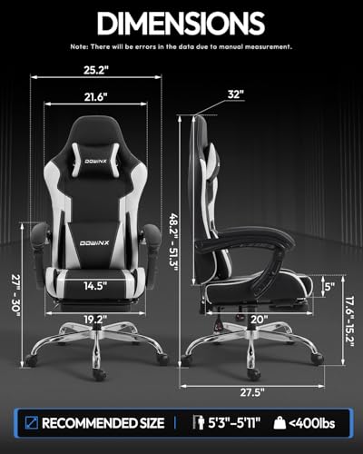 Dowinx Ergonomic Gaming Chair with Footrest & Massage Lumbar, 2D-Linkage Armrests for Computer Chair 330lbs with Headrest Pillow for Office, Home, Streaming and Long Gaming Sessions, White - color: White