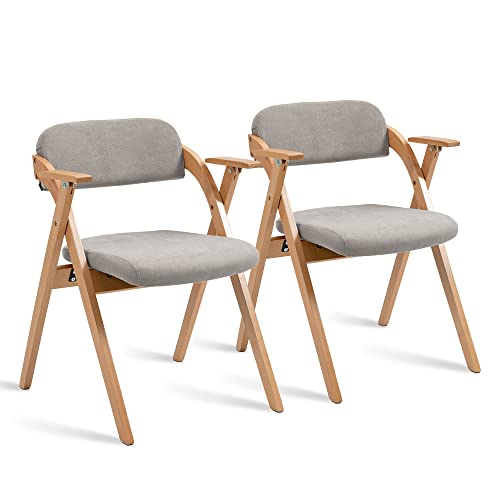 Folding Chairs with Armrest | Wooden Stackable Foldable Dining Chair with Padded Seats Set of 2 Extra for Guests Kitchen Office Wedding Party Gray - color: Gray With Armrest, size: 2PCS