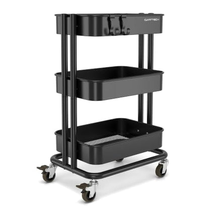 3 Tier Rolling Cart Metal Utility Cart with Lockable Wheels Home Office - color: Black, size: Small