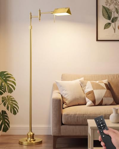 Bairth Gold Reading Floor Lamp, Dimmable Pharmacy Standing Lamp with Remote | 3 Color Temperature, Dimmable, 17W LED, Height Adjustable, 360°Swing Arm, for Living Room, Bedroom, Office, Craft & Sewing - color: Antique Brass