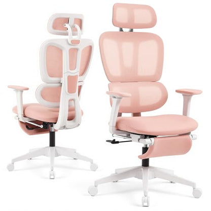 Ergonomic Office Chair with Footrest and Dynamic Lumbar Support, Pink - color: Pink