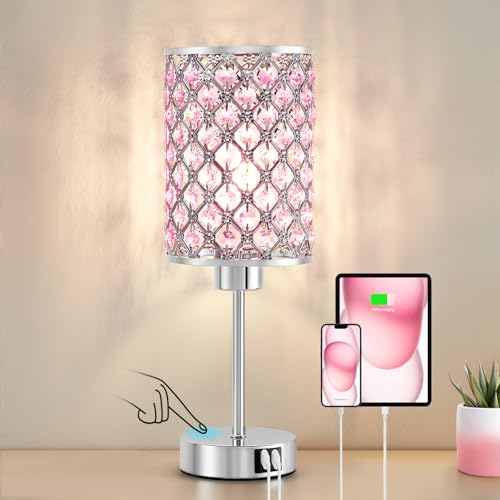 Crystal Table Lamp, Pink Touch Lamp with USB C+A Port, 3-Way Dimmable - color: Pink, size: 14.75"
