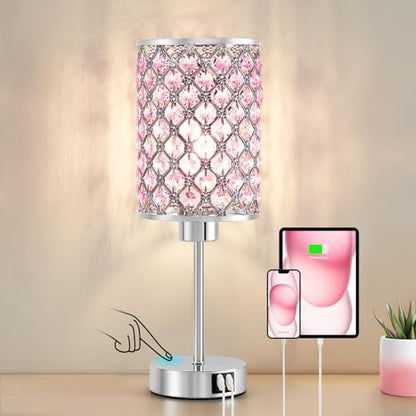 Crystal Table Lamp, Pink Touch Lamp with USB C+A Port, 3-Way Dimmable - color: Pink, size: 14.75"