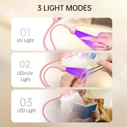 AORAEM LED UV Nail Lamp with Double-Head and 6X Magnifier, Pink | Gooseneck Lamp for Gel Nails, Flash Cure Lamp for Home DIY Salon - color: Magnifier-Pink