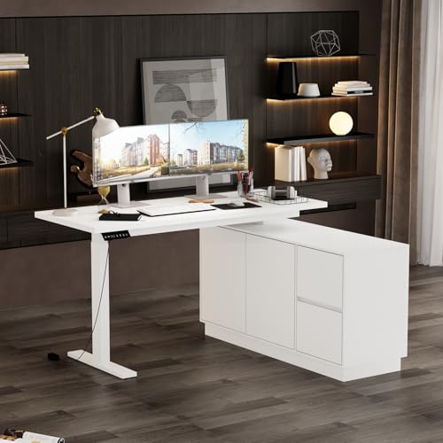 L Shaped Standing Desk Height Adjustable, 54.3" W Electric Sit Stand Desk with Drawers & Storage Cabinet, Reversible Home Office Table Corner Computer Workstation, White (29.5"-44.5" H) - color: White