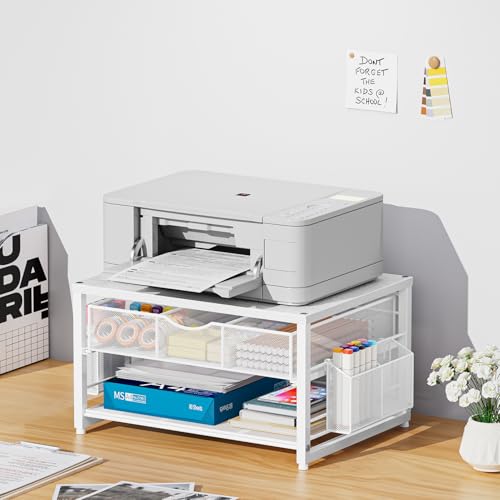 Marbrasse Wood Printer Stand for Desk, 2-Tier Desktop Printer Table for Home Office, Printer Stand with Storage Drawer 2 Pen Holders, Multi-Purpose Desk Organizer for Fax Machine Scanner(Wood White) - color: Wood White