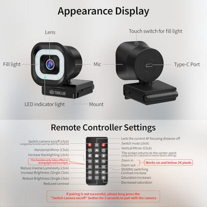 TOALLIN 4K Webcam with Ring Light, Remote Control, PDAF Autofocus | Built-in Dual Mic, 5X Zoom, USB Computer Camera for Live-Streaming/Meetings/Video Calls - style: 4K Webcam with Ring Light
