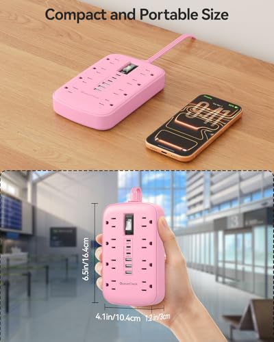 Pink Extension Cord with 6 USB(3 USB-C) 8 Outlets, Flat Plug Power Strip - size: 5 FT-Pink-Three Prong