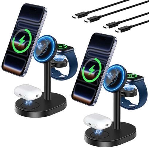 2 Pack Hevanto 2026 3 in 1 Wireless Charging Station for Apple MagSafe Charger, 15W Fast Magnetic Mag-Safe Charger Stand for iPhone 17 16 15 14 13 12 Apple Watch AirPods (Adaptor Not Included) - color: 2Pack_MagBlack, size: 15W