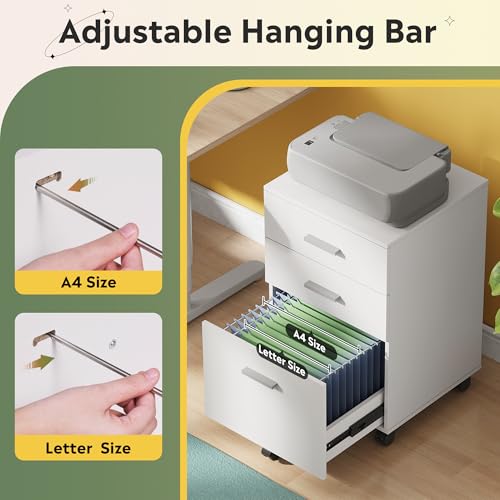 DEVAISE 3 Drawer Wood Mobile File Cabinet, Rolling Filing Cabinet for Letter/A4 Size, White - color: White, size: 15.7"D x 16.2"W x 25.7"H