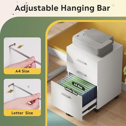 DEVAISE 3 Drawer Wood Mobile File Cabinet, Rolling Filing Cabinet for Letter/A4 Size, White - color: White, size: 15.7"D x 16.2"W x 25.7"H