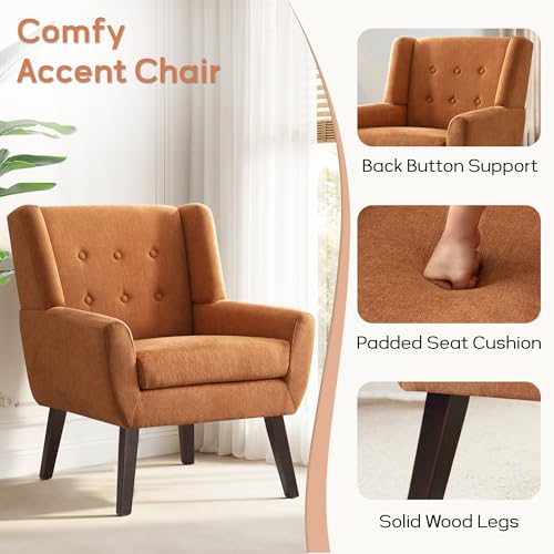 HUIMO Living Room Chairs Set of 2,Upholstered Button Linen Accent Chair | Mid Century Fabric Modern Armchair,Comfy Arm Club Sofa Chairs for Living Room Reading Bedroom,Waiting Room Orange 2PCS - color: Orange
