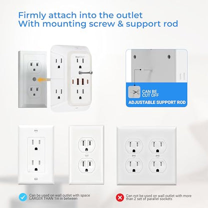 Wall Mount Power Strips Wall Charger 6 Outlet Extender 4 USB Ports (5V, 2.4A, 12W) and Night Light 3-Sided Power Strip with Adapter Spaced Outlets - Multi Plug Outlet Surge Protector for Home Office - color: White
