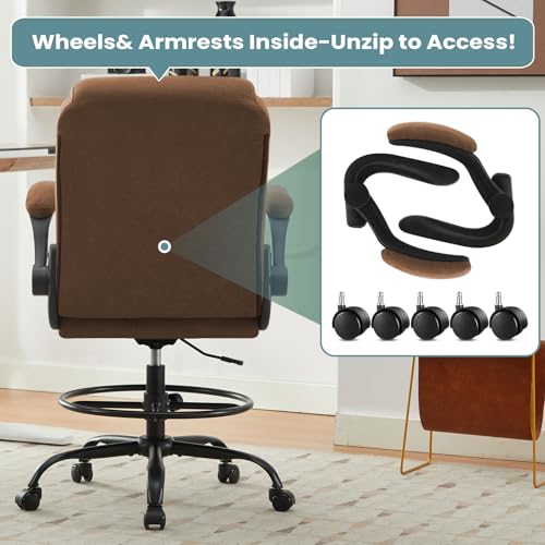 MAHOMICO Drafting Chair for Standing Desk – Tall Office Chair with Adjustable Height & Foot Ring, Flip-Up Arms, Lumbar Support – Comfortable Fabric Seat, Ideal Home Desk Chair - color: Brown