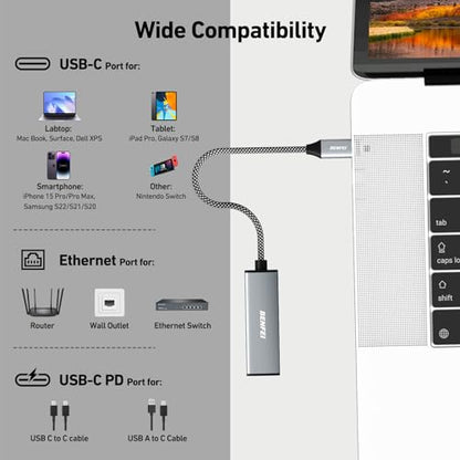 BENFEI USB-C to Ethernet Gigabit Adapter with 100W Power Delivery, Thunderbolt 3/4 to RJ45 Ethernet LAN Network Adapter Compatible with iPhone 15 Pro/Max, MacBook Pro/Air 2023, iMac - size: 1 Pack, style: Gigabit adapter + PD