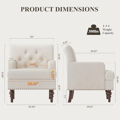 MALOL Modern Accent Chair for Living Room, Comfy Bedroom Reading Armchair, Upholstered Single Sofa Chair with Thick Cushion &Wood Legs for Small Spaces, Beige - color: Beige, size: Set of 1