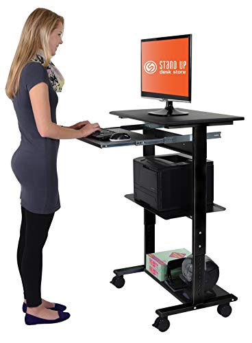 Stand Up Desk Store Mobile Rolling Adjustable Height Standing Workstation with Printer Shelf and Slideout Keyboard Tray (Black Frame/Black Top, 30" Wide) - color: Black/Black