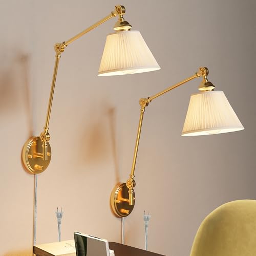Plug in Wall Sconces Set of Two, Gold Swing Arm Wall Lamp with 6.6FT Plug-in Cord and Knob Switch, Fabric Hardwired Wall Lights for Bedroom, Reading, Study Room, Office, Living Room (2 Pack) - color: Gold, size: 2 pack