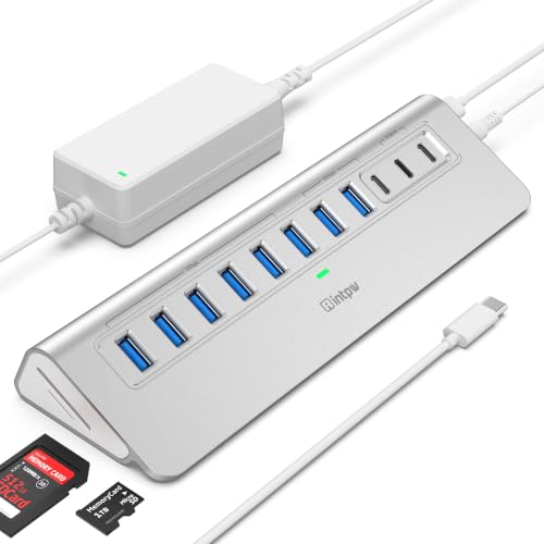 intpw Powered USB Hub 10Gbps, 13-Port USB 3.2 Hub with SD/TF Slots - color: Silver, size: 13 Port